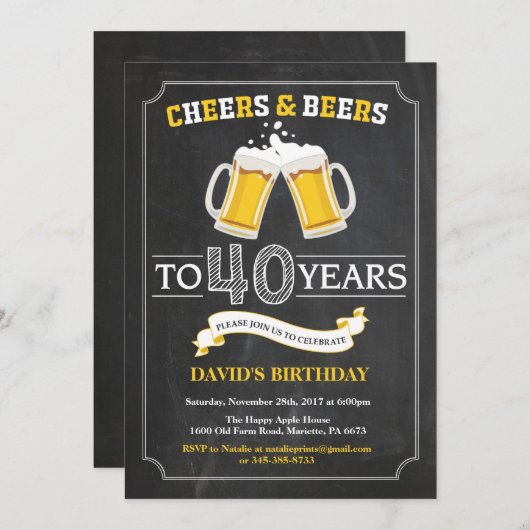 Cheers and Beers 40th Birthday Invitation Card Kaart (Voorkant / Achterkant)