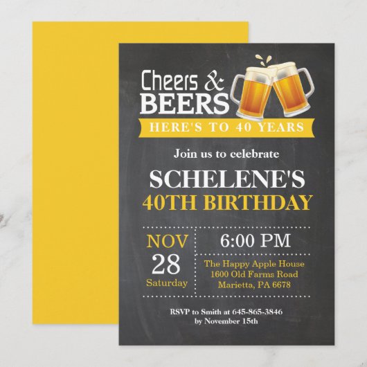 Cheers and Beers 40th Birthday Invitation Card Kaart (Voorkant / Achterkant)