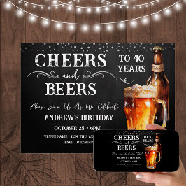 Cheers and Beers 40th Birthday Rustic Invitation Kaart