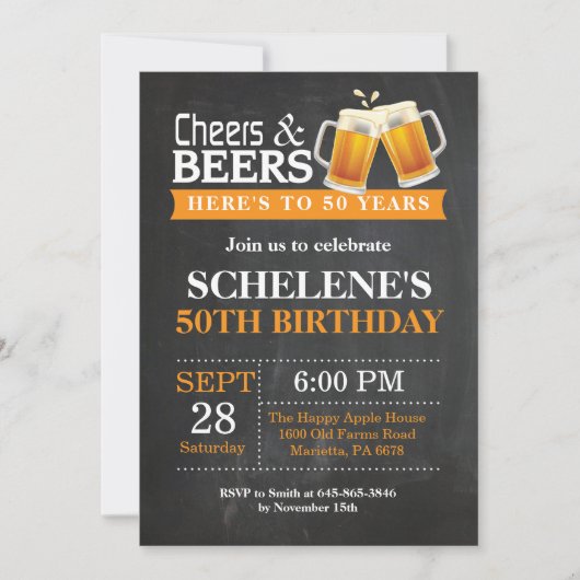 Cheers and Beers 50th Birthday Invitation Card Kaart (Voorkant)