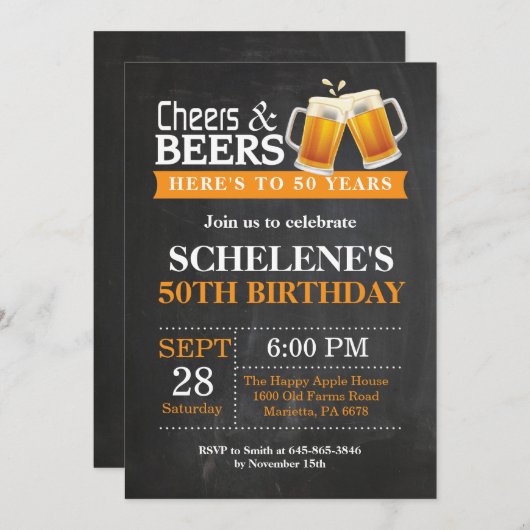 Cheers and Beers 50th Birthday Invitation Card Kaart (Voorkant / Achterkant)