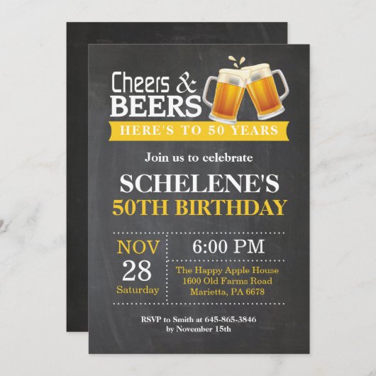 Cheers and Beers 50th Birthday Invitation Card Kaart (Voorkant / Achterkant)