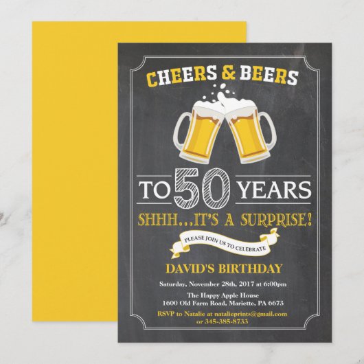 Cheers and Beers 50th Birthday Invitation Card Kaart (Voorkant / Achterkant)