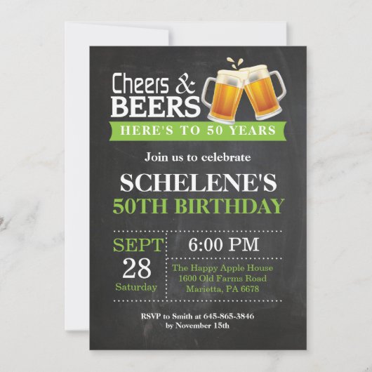Cheers and Beers 50th Birthday Invitation Card Kaart (Voorkant)