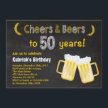 Cheers and Beers 50th Birthday Invitation Kaart<br><div class="desc">Proost en bier op de 50ste verjaardag. Verjaardag voor volwassenen. Biertje voor mannen. Krijtbord zwart-witte achtergrond. Voor verdere aanpassing klikt u op de knop "Aanpassen" en gebruikt u onze ontwerptool om deze sjabloon te wijzigen.</div>