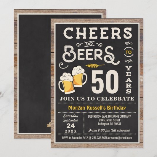 Cheers and Beers 50th Birthday Invitation Kaart (Voorkant / Achterkant)