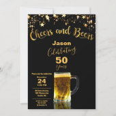 Cheers and Beers 50th Birthday Party Black + Gold Kaart (Voorkant)