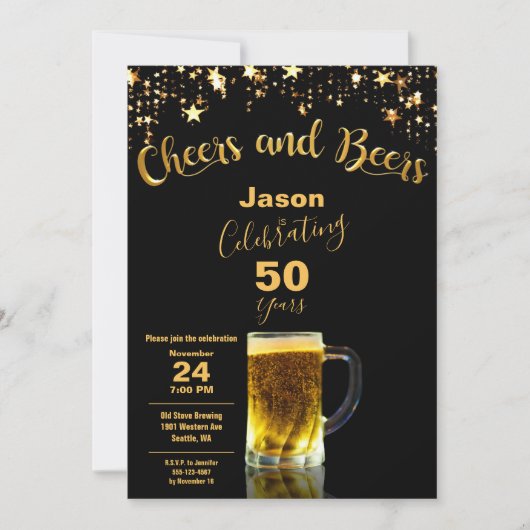 Cheers and Beers 50th Birthday Party Black + Gold Kaart (Voorkant)
