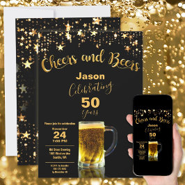 Cheers and Beers 50th Birthday Party Black + Gold Kaart