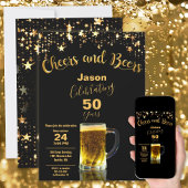 Cheers and Beers 50th Birthday Party Black + Gold Kaart
