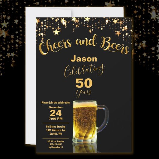 Cheers and Beers 50th Birthday Party Black + Gold Kaart