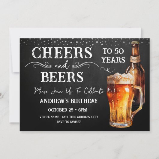 Cheers and Beers 50th Birthday Rustic Invitation Kaart (Voorkant)