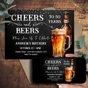 Cheers and Beers 50th Birthday Rustic Invitation Kaart
