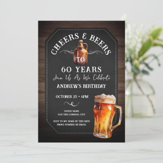 Cheers and Beers 60th Birthday Party Invitation Kaart (Staand voorkant)