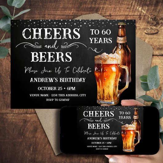 Cheers and Beers 60th Birthday Rustic Invitation Kaart
