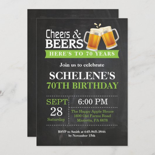 Cheers and Beers 70th Birthday Invitation Card Kaart (Voorkant / Achterkant)