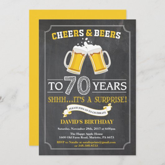 Cheers and Beers 70th Birthday Invitation Card Kaart (Voorkant / Achterkant)