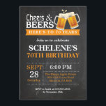 Cheers and Beers 70th Birthday Invitation Card Kaart<br><div class="desc">Cheers and Beers 70th Birthday Invitation Card. Volwassen verjaardag. Oranje. 16e 18e 21e 30e 40e 50e 70e 80e 90e 100e. Elke leeftijd. Voor verdere aanpassing,  te klikken gelieve de knoop "van de Aanpassing het"en ons ontwerphulpmiddel te gebruiken om deze sjabloon te wijzigen.</div>