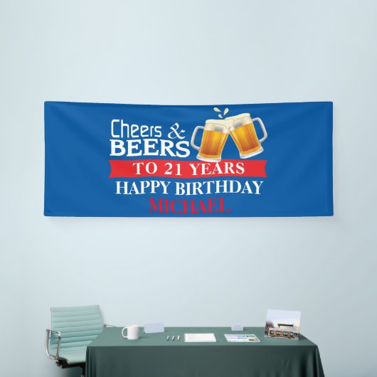 Cheers and Beers Happy 21st Birthday Red en Blue Spandoek (Beurs)