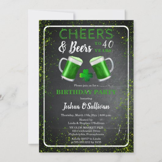 Cheers and Beers St. Patricks 40th Birthday Party Kaart (Voorkant)