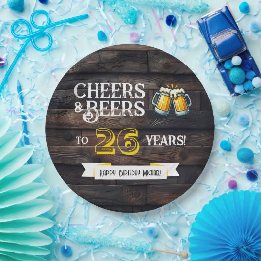 Cheers and Beers to 26 Years Rustic Birthday Papieren Bordje (Feest)