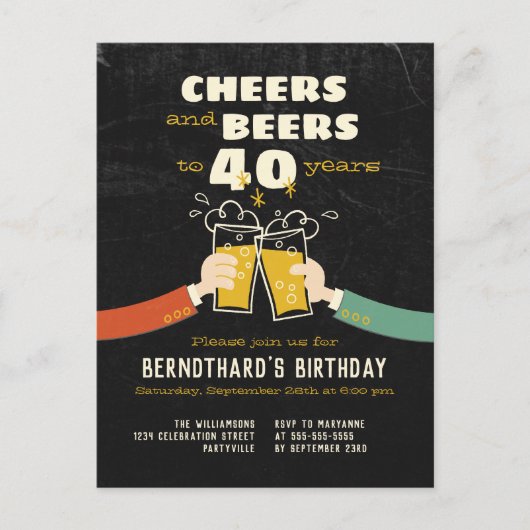 Cheers And Beers To 40 Years Retro Invitation Briefkaart (Voorkant)