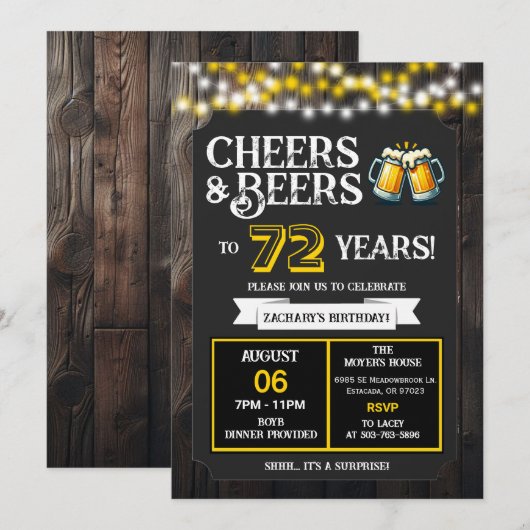 Cheers and Beers to 72 Years Surprise Backyard Kaart (Voorkant / Achterkant)