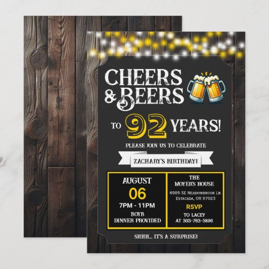 Cheers and Beers to 92 Years Surprise Backyard Kaart (Voorkant / Achterkant)