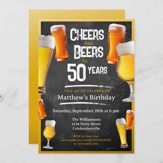 Cheers and Beers Verjaardagsfeestje Zwart en Goud Kaart (Voorkant / Achterkant)