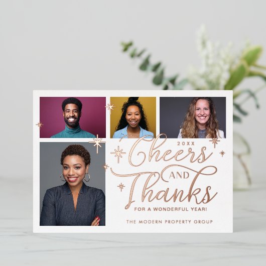Cheers & Bedankt Manuscript Business Team Vier Fot Folie Feestdagenkaart (Staand Voorkant)