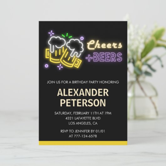 Cheers Beer 26e verjaardagsuitnodiging Mannen Neon Kaart (Staand voorkant)