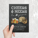 Cheers & Beers 30th Birthday Party Invitation Kaart<br><div class="desc">Rustische volwassen 30e verjaardagsfeestdag nodigt uit met een krijtbordachtergrond,  een selectie van waterverf beers,  pretzel en een biervat,  het gezegde "kauwen & bier tot 30 jaar",  en een moderne partijensjabloon die gemakkelijk te personaliseren is.</div>