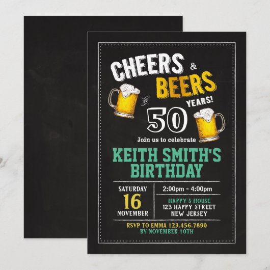 Cheers & Beers 50e verjaardag uitnodiging - Elke l (Voorkant / Achterkant)