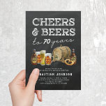 Cheers & Beers 70th Birthday Party Invitation Kaart<br><div class="desc">Rustische volwassen 70e verjaardagsfeestdag nodigt uit met een krijtbordachtergrond,  een selectie van waterverf beers,  pretzel en een biervat,  het gezegde "kauwen & bier tot 70 jaar",  en een moderne partijensjabloon die gemakkelijk te personaliseren is.</div>