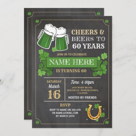 Cheers Beers Birthday Chalk St Patricks Day Party Kaart (Voorkant / Achterkant)