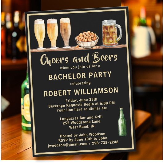 Cheers & Beers Black & Gold Bachelor Party Kaart