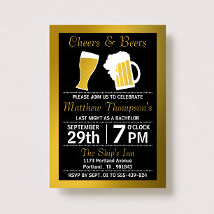 Cheers & Beers Black & Gold Bachelor Party Kaart