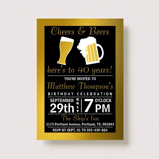 Cheers & Beers Black & Gold Birthday Party Kaart