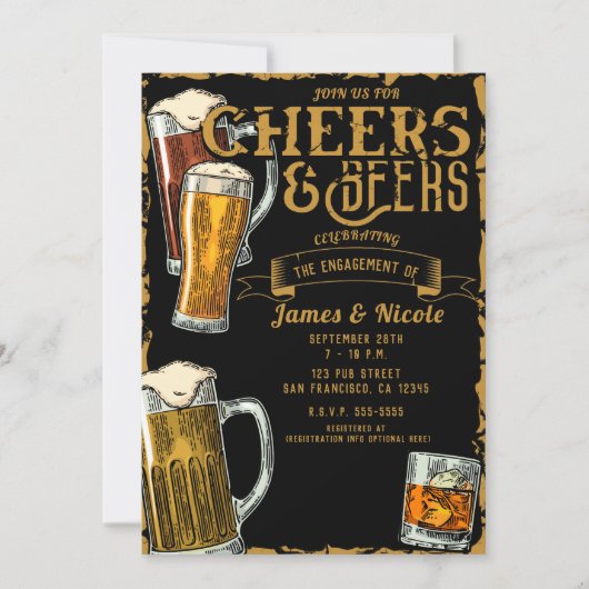 Cheers & Beers Gold Black Pub Bar Engagement Party Kaart (Voorkant)