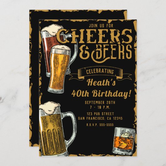 Cheers & Beers Gold Black Pub Bar Verjaardagsfeest Kaart (Voorkant / Achterkant)