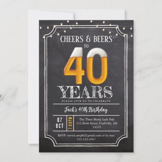 Cheers & Beers Men's 40th Birthday Invitation Kaart (Voorkant)
