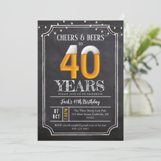 Cheers & Beers Men's 40th Birthday Invitation Kaart (Staand voorkant)