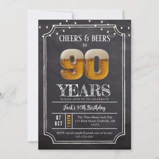 Cheers & Beers Men's 90th Birthday Invitation Kaart (Voorkant)