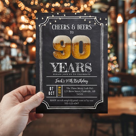 Cheers & Beers Men's 90th Birthday Invitation Kaart