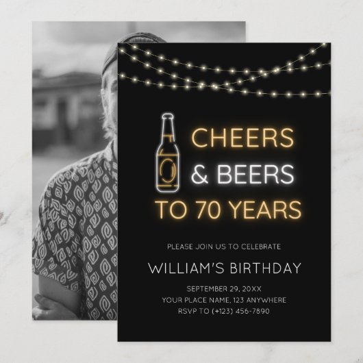 Cheers & Beers Neon Teken 70e Verjaardag voor volw Kaart (Voorkant / Achterkant)