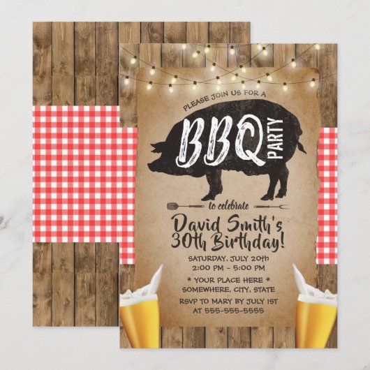 Cheers & Beers Rustic BBQ Birthday Party Kaart (Voorkant / Achterkant)