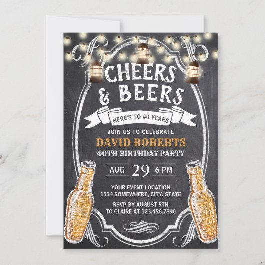 Cheers & Beers Rustic Chalkboard 40th Birthday Kaart (Voorkant)