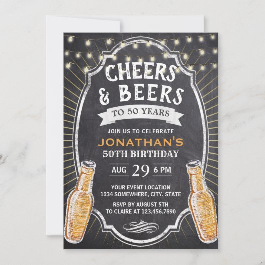 Cheers & Beers Rustic Chalkboard 50th Birthday Kaart (Voorkant)