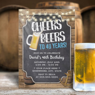 Cheers & Beers Rustic String Lights 40th Birthday Kaart