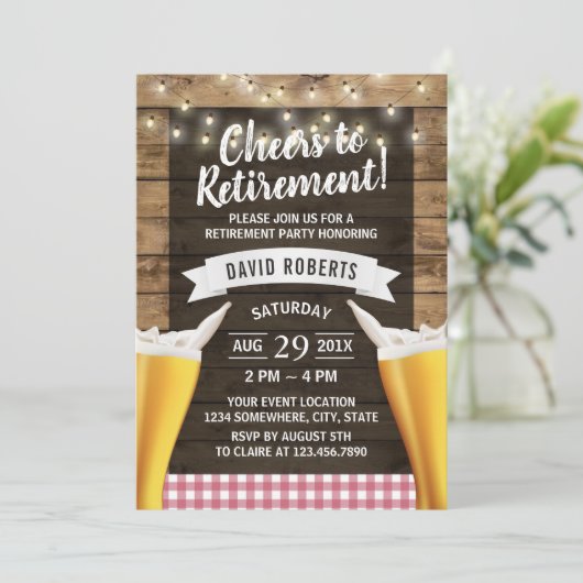 Cheers Beers String Lights Rustic Wood Retirement Kaart (Staand voorkant)